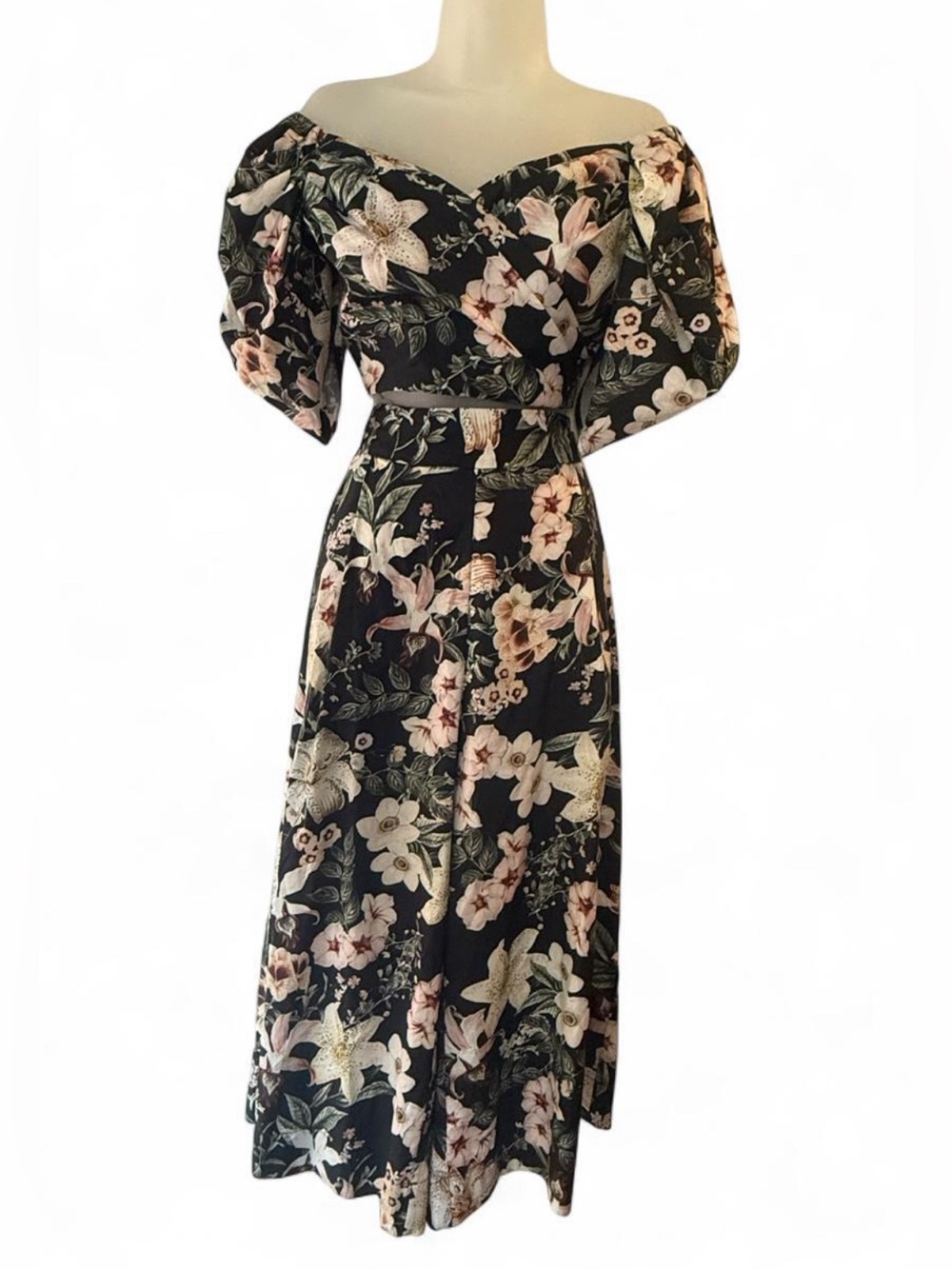 L'Atiste 80’s inspired black floral top and pants set with white and pink lilies